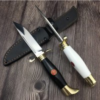 Cutit tactic de vanatoare, teaca din piele naturala, lama 440C, maner acrilic full tang, 26 cm, alb - 5