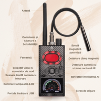 Detector profesional aparate spionaj, K99, camere, microfoane, localizatoare GPS sau GSM, autonomie 10h, LCD, functie AI - 4