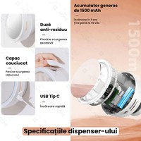 Dispenser automat pentru sapun lichid cu spuma, oglinda iluminata LED, GlowforHome, Senzor miscare, 1500mAh, USB-C, Alb - 4