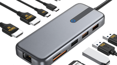 Hub Adaptor Multiport 10 in 1 USB-C, 2 x USB-A 3.1, 2 x HDMI 4K, 30 Hz, 1 x USB-C, 1 x RJ45 Ethernet, din Aluminiu, Gri