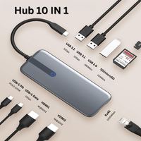 Hub Adaptor Multiport 10 in 1 USB-C, 2 x USB-A 3.1, 2 x HDMI 4K, 30 Hz, 1 x USB-C, 1 x RJ45 Ethernet, din Aluminiu, Gri - 2