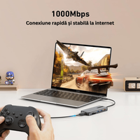 Hub Adaptor Multiport 10 in 1 USB-C, 2 x USB-A 3.1, 2 x HDMI 4K, 30 Hz, 1 x USB-C, 1 x RJ45 Ethernet, din Aluminiu, Gri - 5