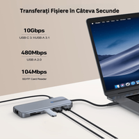 Hub Adaptor Multiport 10 in 1 USB-C, 2 x USB-A 3.1, 2 x HDMI 4K, 30 Hz, 1 x USB-C, 1 x RJ45 Ethernet, din Aluminiu, Gri - 4