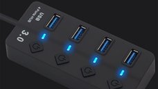 Hub USB cu 4 porturi Techstar® HUBA0701, 1 x USB 3.0, 3 x USB 2.0, indicator LED pentru putere, comutator independent