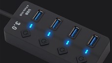 Hub USB cu 4 porturi Techstar® HUBA0701, 1 x USB 3.0, 3 x USB 2.0, indicator LED pentru putere, comutator independent