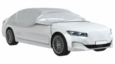 Husa auto partiala argintie L din PEVA, cu 4 carlige si sac de depozitare