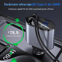 Incarcator Auto 4 in 1 Multifunctional, Incarcare Rapida, Incarcare Simultana, Auto-Reglabil, Design cu 2 Cabluri - 1