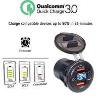 Incarcator Auto QC3.0 Dual USB Rezistent la Apa cu Voltmetru si Comutator, Adaptor de Incarcare Rapida 12/24V, Afisaj - 3