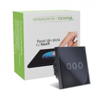 Intrerupator Touch Techstar®, Sticla Securizata, Design Modern, Iluminare LED, 3 Faze, Negru - 1