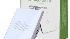 Intrerupator Touch Techstar® TG02, Sticla Securizata, Design Modern, Iluminare LED, 3 Faze, Alb