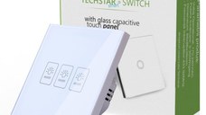 Intrerupator Touch Techstar® TG02, Sticla Securizata, Design Modern, Iluminare LED, 3 Faze, Alb