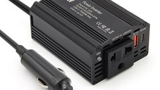 Invertor de Putere Auto Techstar® 150W - 12V DC la 220V AC, cu Porturi USB-C si USB-A pentru Incarcare Rapida