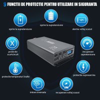 Invertor de putere cu unda sinusoidala pura Techstar®, DC 24V la AC 220V, Afisaj LCD, 1000w, Pretabil Rulota - 8