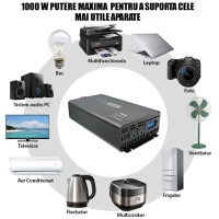 Invertor de putere cu unda sinusoidala pura Techstar®, DC 24V la AC 220V, Afisaj LCD, 1000w, Pretabil Rulota - 11