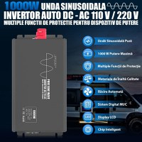 Invertor de putere cu unda sinusoidala pura Techstar®, DC 24V la AC 220V, Afisaj LCD, 1000w, Pretabil Rulota - 7