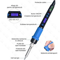 Kit profesional pentru lipit, GlowforHome, Letcon 60W cu LCD, Pompa de dezlipit cositor, Fire 22AWG, pensete - 8