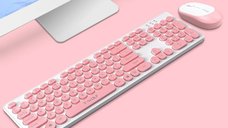 Kit tastatura si mouse Wireless, Universale, Roz-Alb