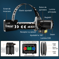 Lanterna de cap cu LED LASER + COB cu 3 acumulatori inclusi, senzor de miscare si ZOOM, Dasbo®, super luminoasa - 2