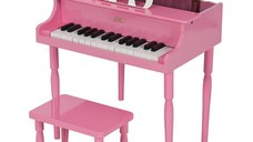 Pian de lemn pentru copii, scaun inclus, 48 cm, roz