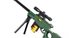 Pistol de jucarie cu gloante moi, incarcare manuala, culoare alb cu negru, incarcatura din burete