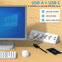 Priza de Colt, Adsinio, 4 Prize Schuko, 2 Porturi USB-A, 1 Port USB-C, 220-240V, 16A, Alb - 1
