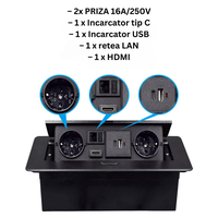 Priza Incorporabila in mobilier, ATOMKIT, 2 Prize Schuko, USB-A+C ,Intrare HDMI, Intrare retea, Cablu 1.8m, Negru - 6