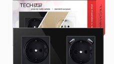 Priza Techstar® Crystal TSU2, Dubla, 2 x USB, 2.1 A, Culoare Negru Onyx, Sticla Securizata, 16A