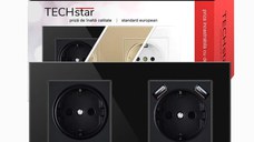 Priza Techstar® Crystal TSU2, Dubla, 2 x USB, 2.1 A, Culoare Negru Onyx, Sticla Securizata, 16A