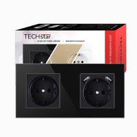Priza Techstar® Crystal TSU2, Dubla, 2 x USB, 2.1 A, Culoare Negru Onyx, Sticla Securizata, 16A - 1