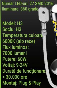 Set 2 becuri auto LED H1 cu lupa 60W 27 SMD 12V 6000K 7000lm - 2