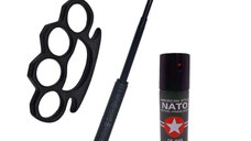 Set 3 accesorii autoaparare IdeallStore®, baston telescopic otel, 50 cm, box si spray paralizant iritant