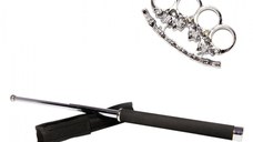 Set baston telescopic 65 cm argintiu + pumnal/box craniu argintiu