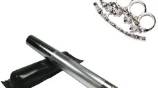 Set baston telescopic din otel, argintiu, 64 cm + pumnal/box craniu argintiu