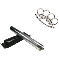 Set baston telescopic din otel, argintiu, 64 cm + pumnal/box craniu argintiu - 1