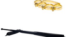 Set baston telescopic din otel, negru, 64 cm + box craniu auriu