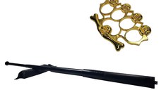 Set baston telescopic din otel, negru, 64 cm + box-rozeta craniu auriu