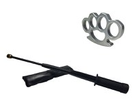 Set baston telescopic flexibil negru maner tip tonfa 47 cm + box argintiu 0,5 cm grosime - 2