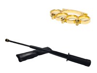 Set baston telescopic flexibil negru maner tip tonfa 47 cm + box craniu auriu - 2