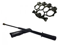 Set baston telescopic flexibil negru maner tip tonfa 47 cm + box, rozeta craniu negru - 1