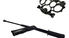Set baston telescopic flexibil negru maner tip tonfa 47 cm + box, rozeta craniu negru