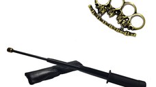 Set baston telescopic flexibil negru maner tip tonfa 47 cm + pumnal/box crani