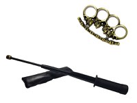 Set baston telescopic flexibil negru maner tip tonfa 47 cm + pumnal/box crani - 1