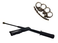 Set baston telescopic flexibil negru maner tip tonfa 47 cm + pumnal craniu - 4
