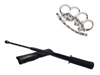 Set baston telescopic flexibil negru maner tip tonfa + pumnal/box craniu argintiu - 6