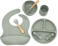 Set Complet Diversificare din Silicon, Farfurie cu Tacamuri, Bavetica, Cana-Pahar, Bol cu Lingura si Furculita, Olive - 15