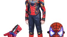 Set costum Iron Spiderman IdeallStore®, New Era, rosu, 7-9 ani, manusa cu ventuze si masca LED