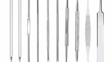 Set de 10 pensete pentru extractie puncte negre, comedoane, acnee, ustensile cosmetice din otel inoxidabil, 12 cm