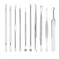 Set de 10 pensete pentru extractie puncte negre, comedoane, acnee, ustensile cosmetice din otel inoxidabil, 12 cm - 1