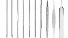 Set de 10 pensete pentru extractie puncte negre, comedoane, acnee, ustensile cosmetice din otel inoxidabil, 12 cm