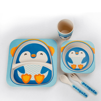 Set de masa din bambus pentru copii, fara BPA, 5 piese, pinguin - 2